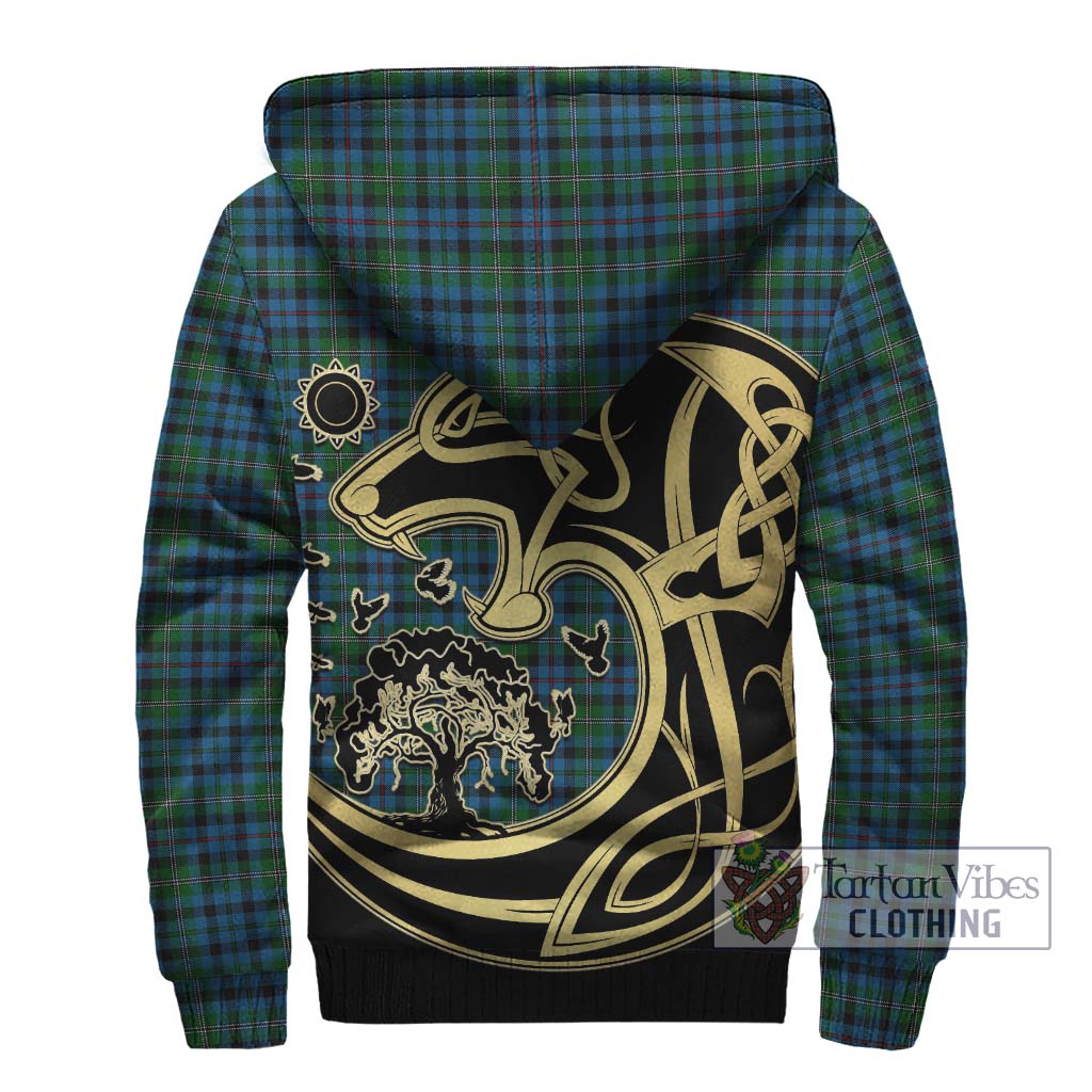 Tartan Vibes Clothing Stephenson Hunting Red Stripe Tartan Sherpa Hoodie with Family Crest Celtic Wolf Style
