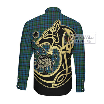 Stephenson Hunting Red Stripe Tartan Long Sleeve Button Shirt with Family Crest Celtic Wolf Style