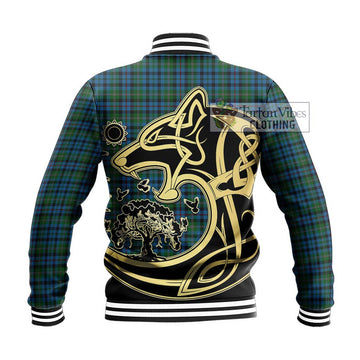 Stephenson Hunting Red Stripe Tartan Baseball Jacket with Family Crest Celtic Wolf Style