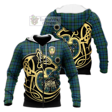 Stephenson Hunting Red Stripe Tartan Knitted Hoodie with Family Crest Celtic Wolf Style