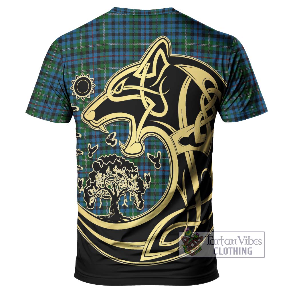 Tartan Vibes Clothing Stephenson Hunting Red Stripe Tartan T-Shirt with Family Crest Celtic Wolf Style