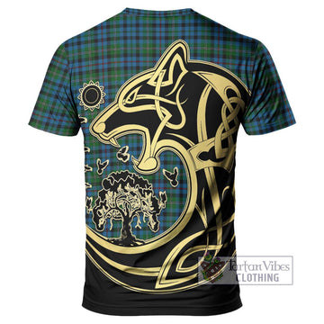 Stephenson Hunting Red Stripe Tartan T-Shirt with Family Crest Celtic Wolf Style