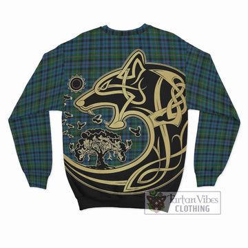 Stephenson Hunting Red Stripe Tartan Sweatshirt with Family Crest Celtic Wolf Style