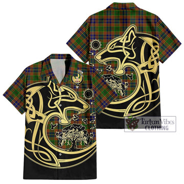 Stephenson Old Tartan Short Sleeve Button Shirt with Family Crest Celtic Wolf Style