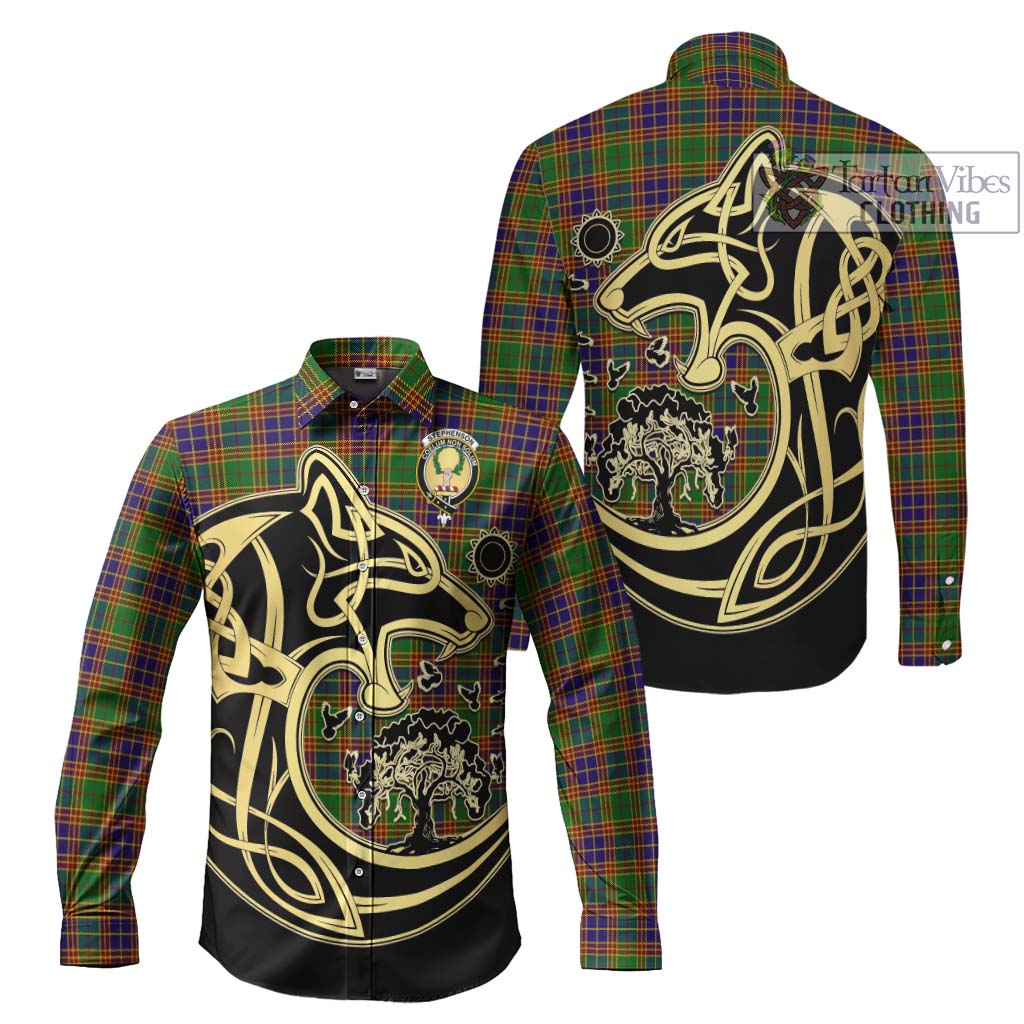 Tartan Vibes Clothing Stephenson Old Tartan Long Sleeve Button Shirt with Family Crest Celtic Wolf Style