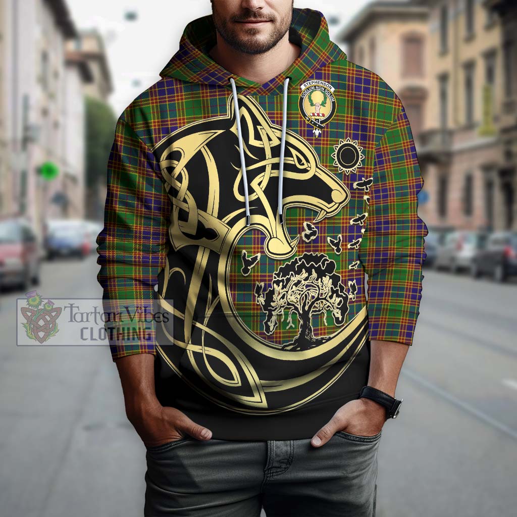 Tartan Vibes Clothing Stephenson Old Tartan Hoodie with Family Crest Celtic Wolf Style