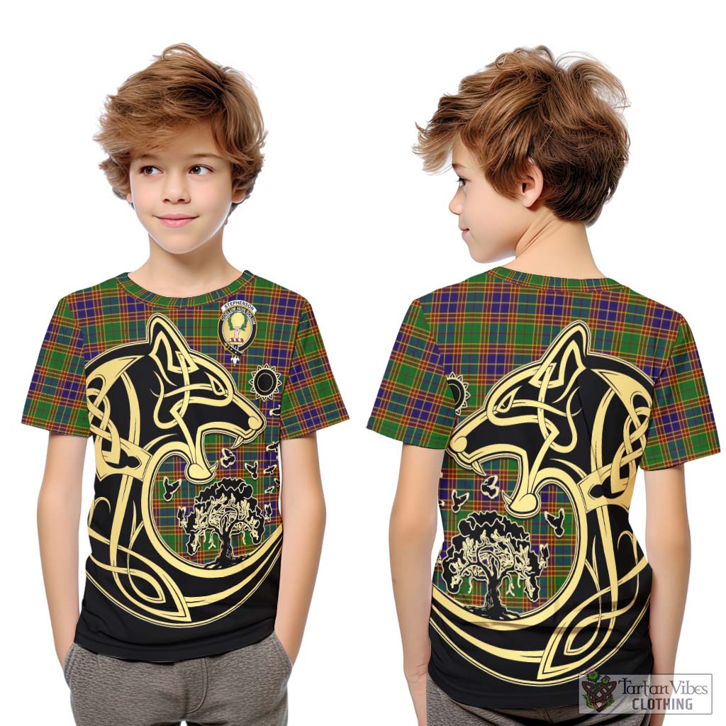 Tartan Vibes Clothing Stephenson Old Tartan Kid T-Shirt with Family Crest Celtic Wolf Style