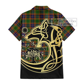 Stephenson Old Tartan Short Sleeve Button Shirt with Family Crest Celtic Wolf Style
