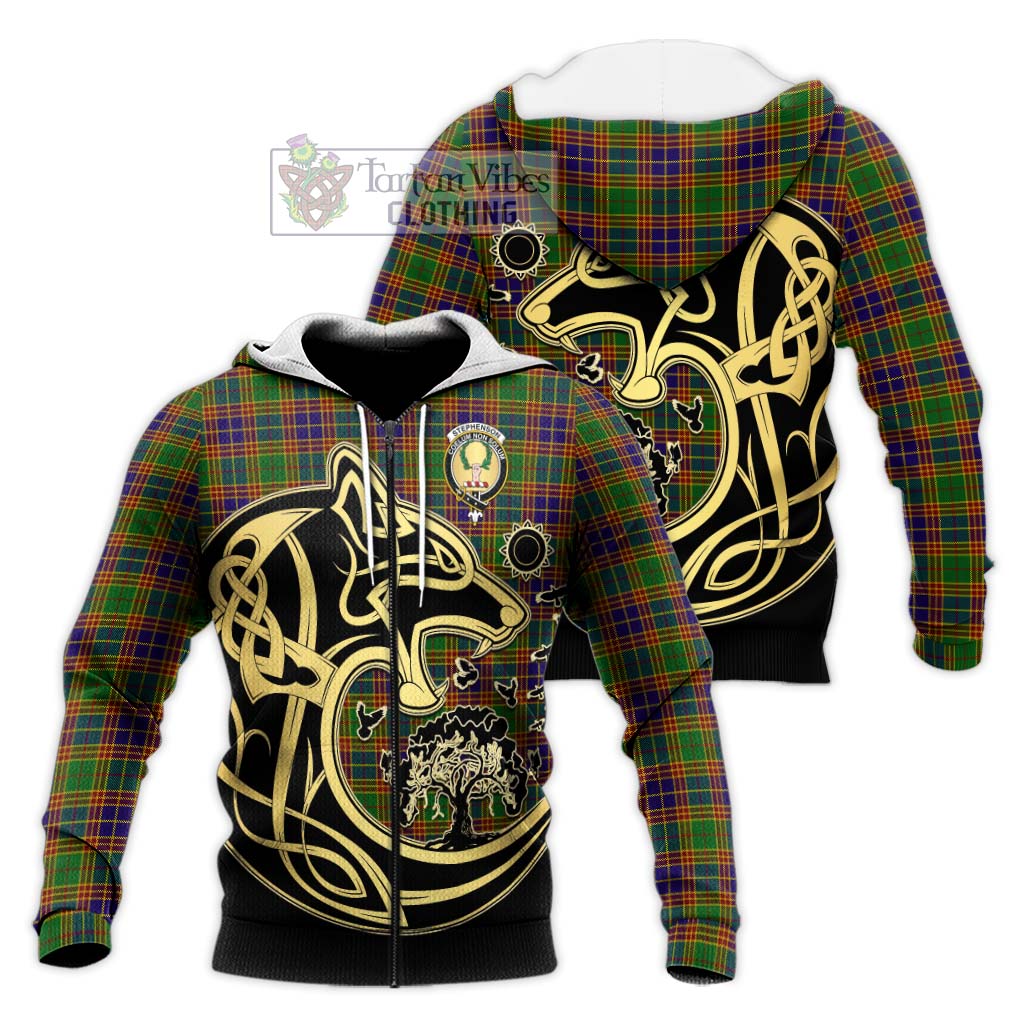 Tartan Vibes Clothing Stephenson Old Tartan Knitted Hoodie with Family Crest Celtic Wolf Style