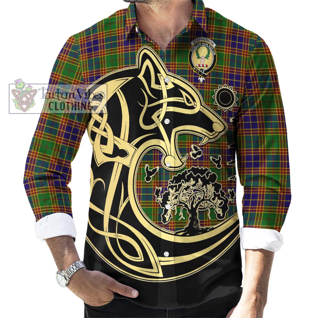 Tartan Vibes Clothing Stephenson Old Tartan Long Sleeve Button Shirt with Family Crest Celtic Wolf Style