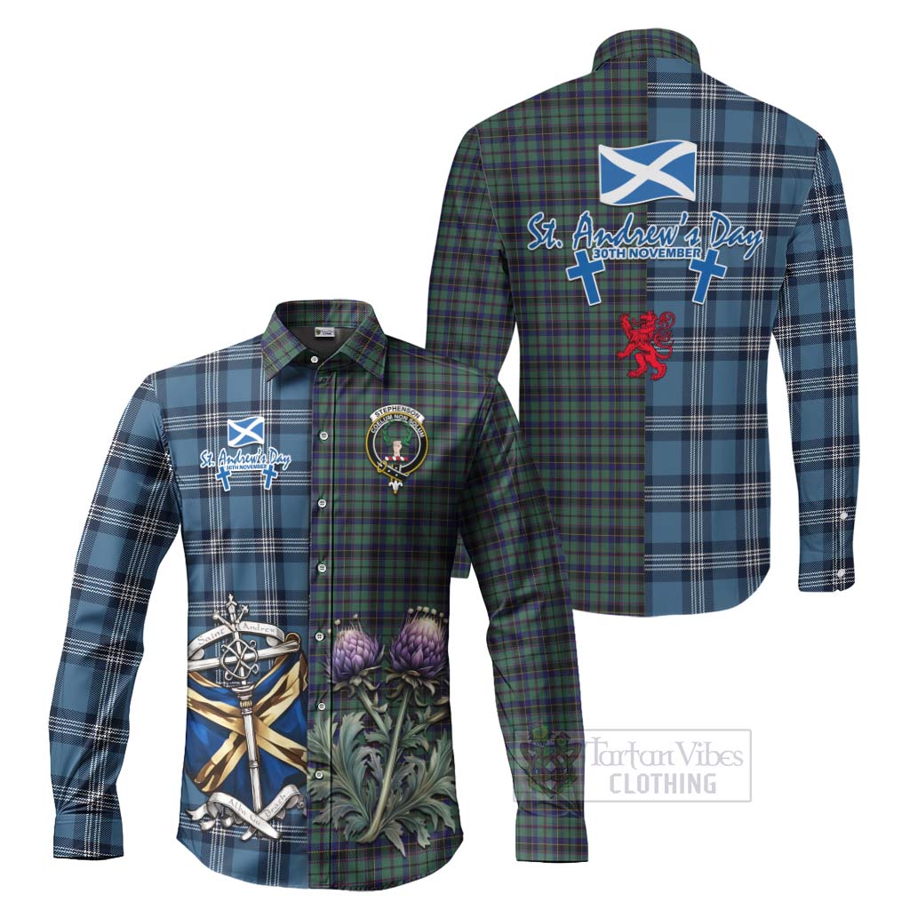 Tartan Vibes Clothing Stephenson (Stevenson) Tartan Long Sleeve Button Shirt Happy St. Andrew's Day Half Tartan Style