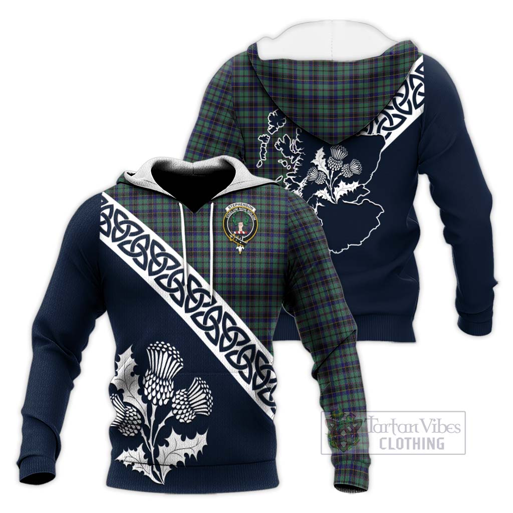 Tartan Vibes Clothing Stephenson (Stevenson) Tartan Knitted Hoodie Featuring Thistle and Scotland Map