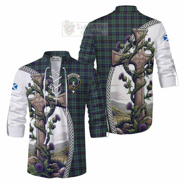 Stephenson (Stevenson) Tartan Ghillie Kilt Shirt with Family Crest and St. Andrew's Cross Accented by Thistle Vines Men - Tartan Vibes Clothing
