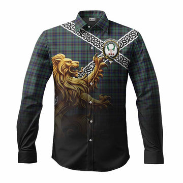 Stephenson (Stevenson) Crest Tartan Long Sleeve Button Shirt with Golden Lion Emblem Celtic Style Men's Shirt S - Tartan Vibes Clothing