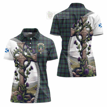 Stephenson (Stevenson) Tartan Women's Polo Shirt with Family Crest and St. Andrew's Cross Accented by Thistle Vines