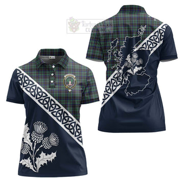 Stephenson (Stevenson) Tartan Women's Polo Shirt Featuring Thistle and Scotland Map