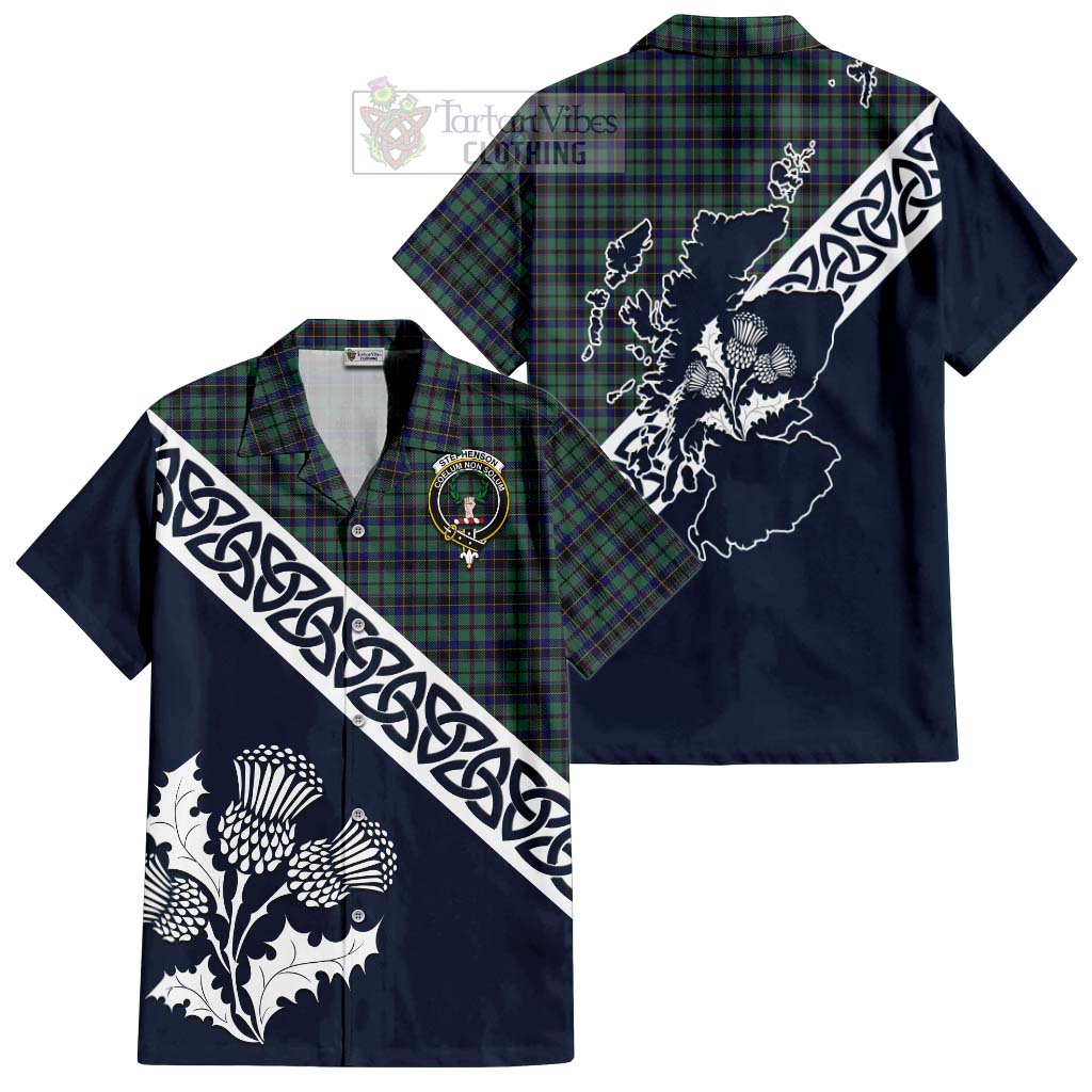 Tartan Vibes Clothing Stephenson (Stevenson) Tartan Short Sleeve Button Shirt Featuring Thistle and Scotland Map