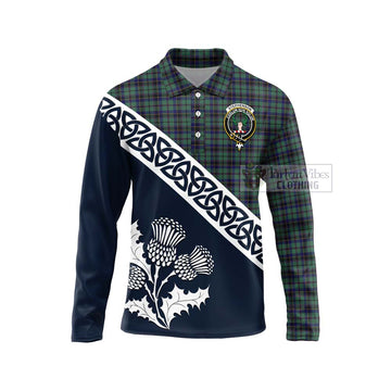 Stephenson (Stevenson) Tartan Long Sleeve Polo Shirt Featuring Thistle and Scotland Map