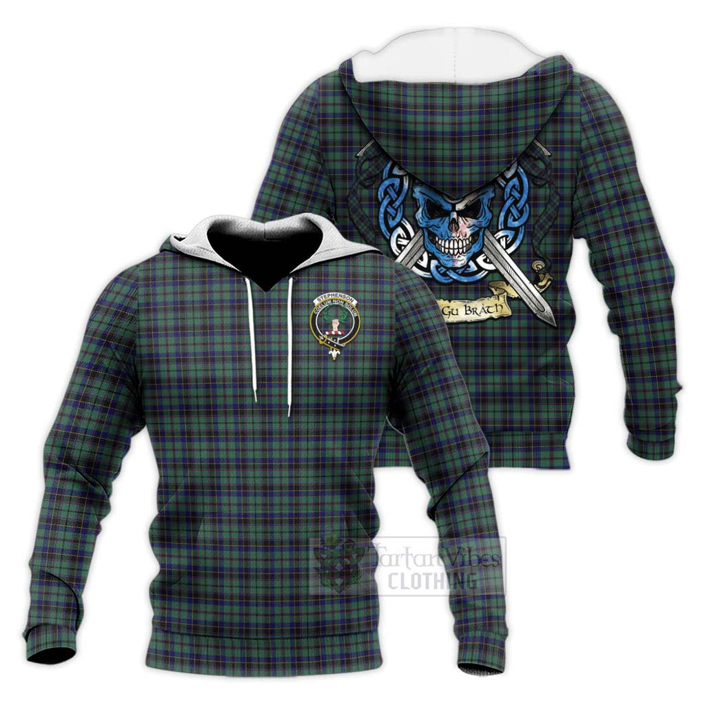 Tartan Vibes Clothing Stephenson (Stevenson) Tartan Knitted Hoodie with Family Crest Celtic Skull Style