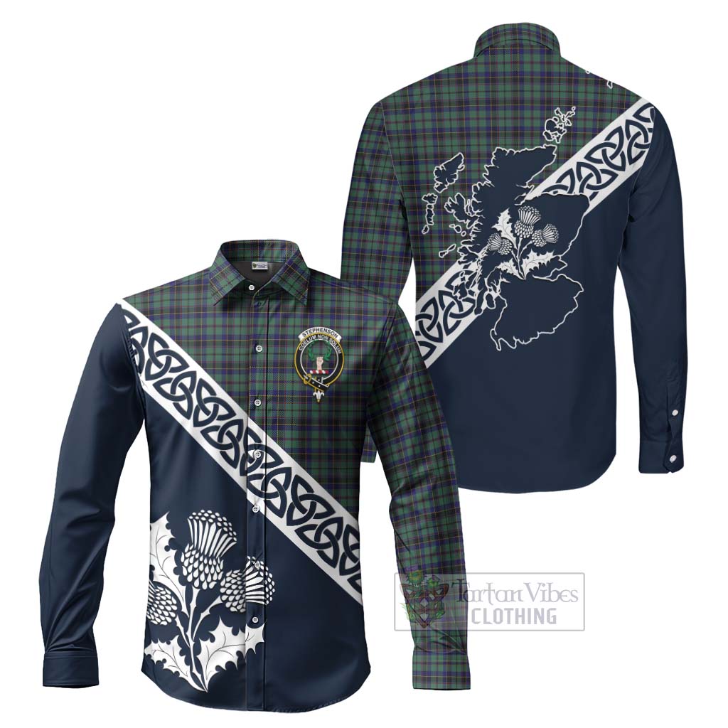 Tartan Vibes Clothing Stephenson (Stevenson) Tartan Long Sleeve Button Shirt Featuring Thistle and Scotland Map