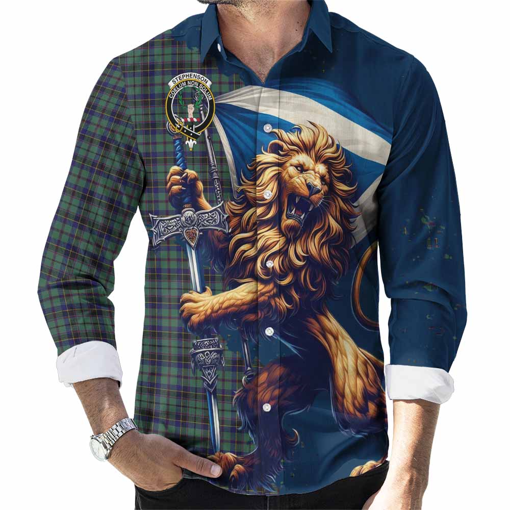 Tartan Vibes Clothing Stephenson (Stevenson) Tartan Family Crest Long Sleeve Button Shirt with Scottish Majestic Lion