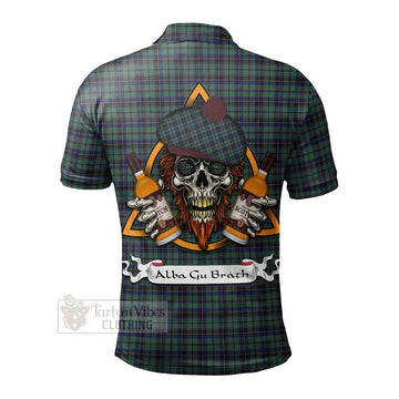 Stephenson (Stevenson) Tartan Polo Shirt with Family Crest and Bearded Skull Holding Bottles of Whiskey