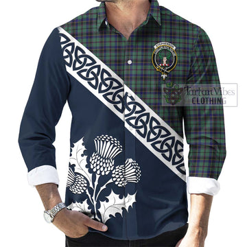 Stephenson (Stevenson) Tartan Long Sleeve Button Shirt Featuring Thistle and Scotland Map