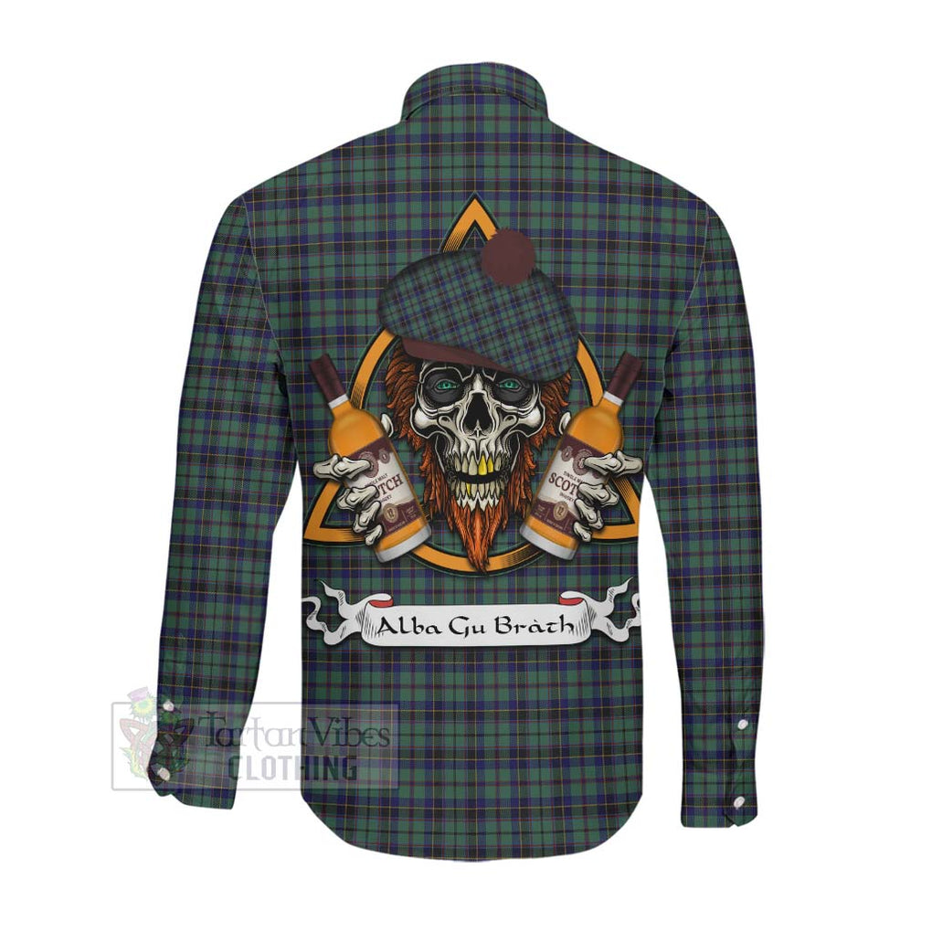 Tartan Vibes Clothing Stephenson (Stevenson) Tartan Long Sleeve Button Shirt with Family Crest and Bearded Skull Holding Bottles of Whiskey