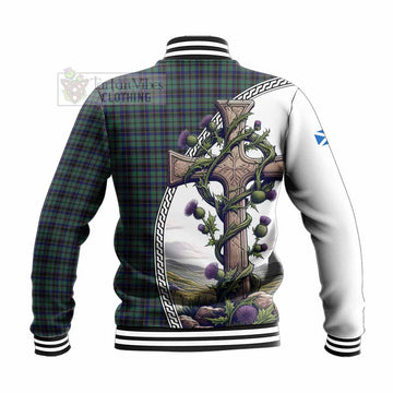 Stephenson (Stevenson) Tartan Baseball Jacket with Family Crest and St. Andrew's Cross Accented by Thistle Vines - Tartan Vibes Clothing