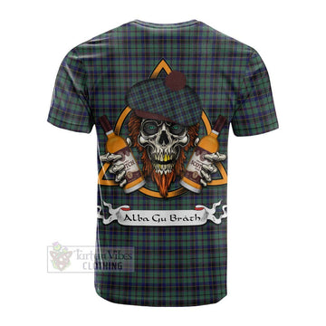 Stephenson (Stevenson) Tartan Cotton T-shirt with Family Crest and Bearded Skull Holding Bottles of Whiskey - Tartan Vibes Clothing