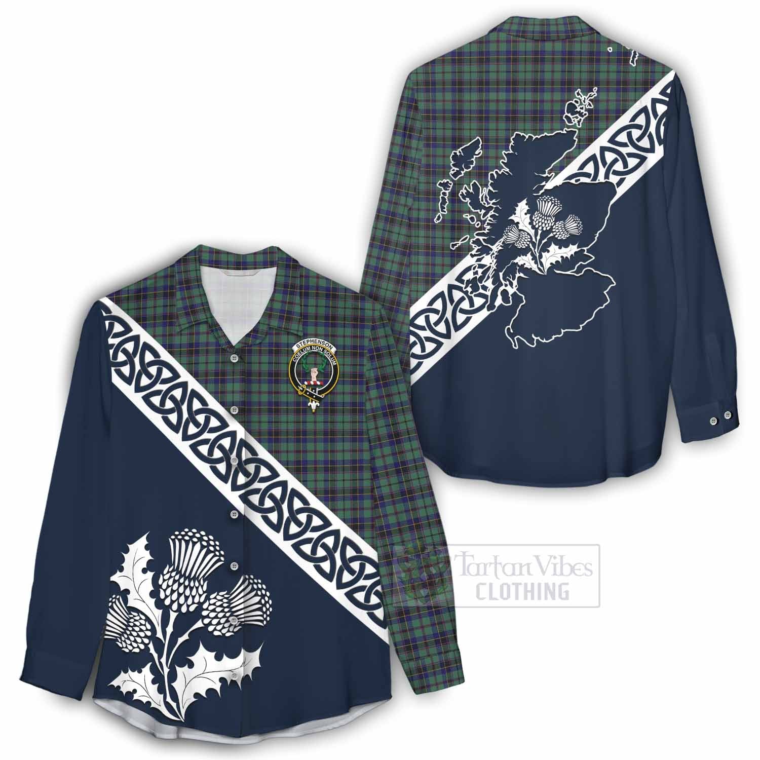 Tartan Vibes Clothing Stephenson (Stevenson) Tartan Women's Casual Shirt Featuring Thistle and Scotland Map