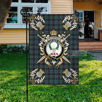 Stephenson (Stevenson) Tartan Flag with Family Crest and Golden Thistle Crossed Sword Design