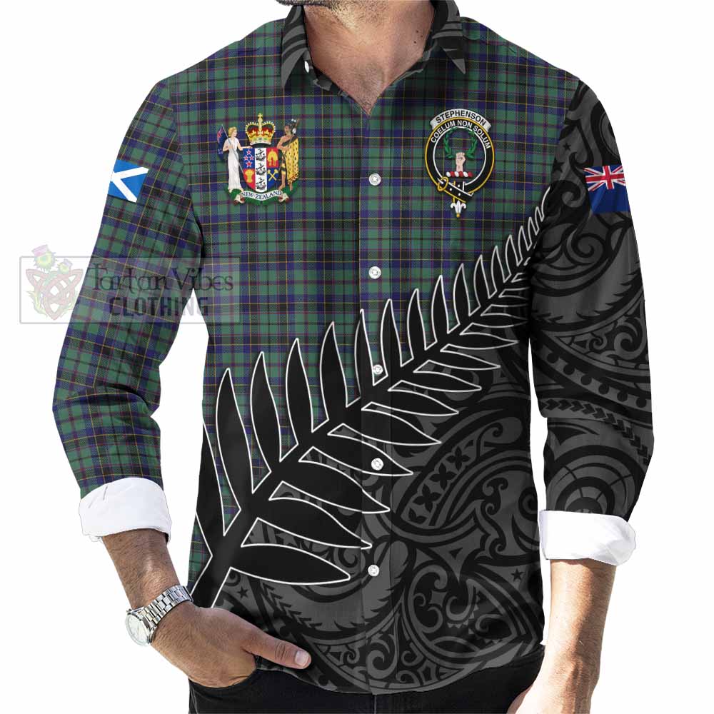 Tartan Vibes Clothing Stephenson (Stevenson) Crest Tartan Long Sleeve Button Shirt with New Zealand Silver Fern Half Style