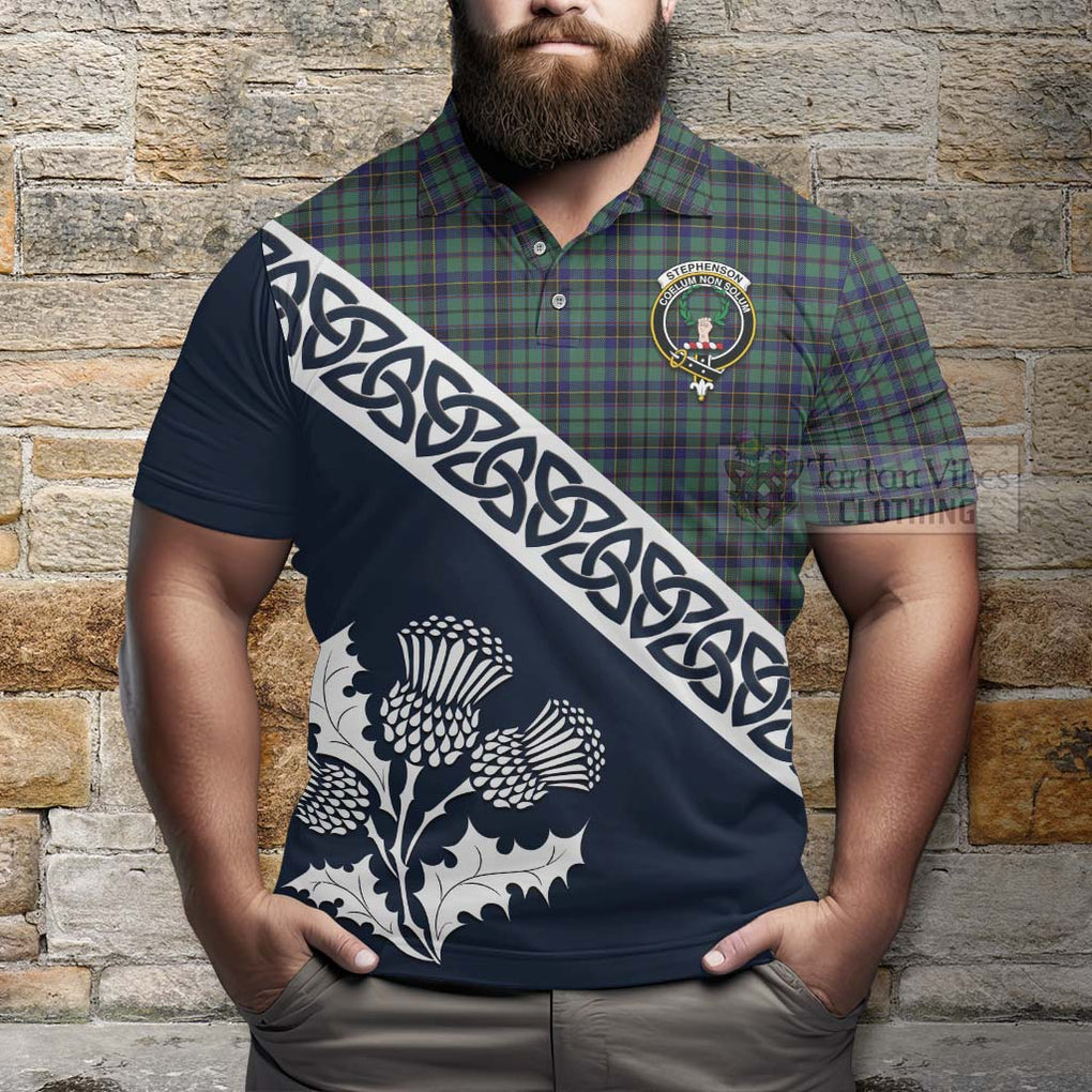 Stephenson (Stevenson) Tartan Polo Shirt Featuring Thistle and Scotland Map