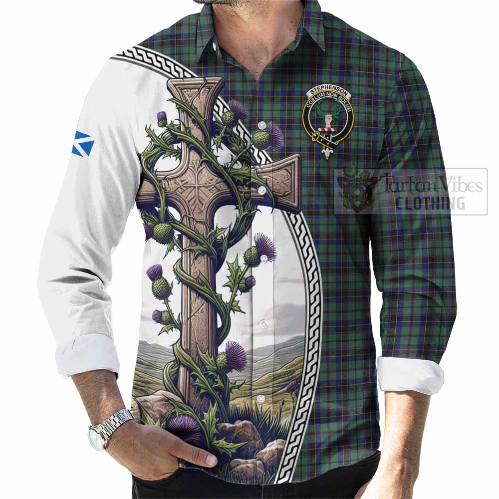 Tartan Vibes Clothing Stephenson (Stevenson) Tartan Long Sleeve Button Shirt with Family Crest and St. Andrew's Cross Accented by Thistle Vines