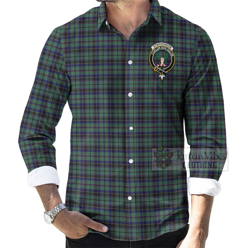 Tartan Vibes Clothing Stephenson (Stevenson) Tartan Long Sleeve Button Shirt with Family Crest and Bearded Skull Holding Bottles of Whiskey