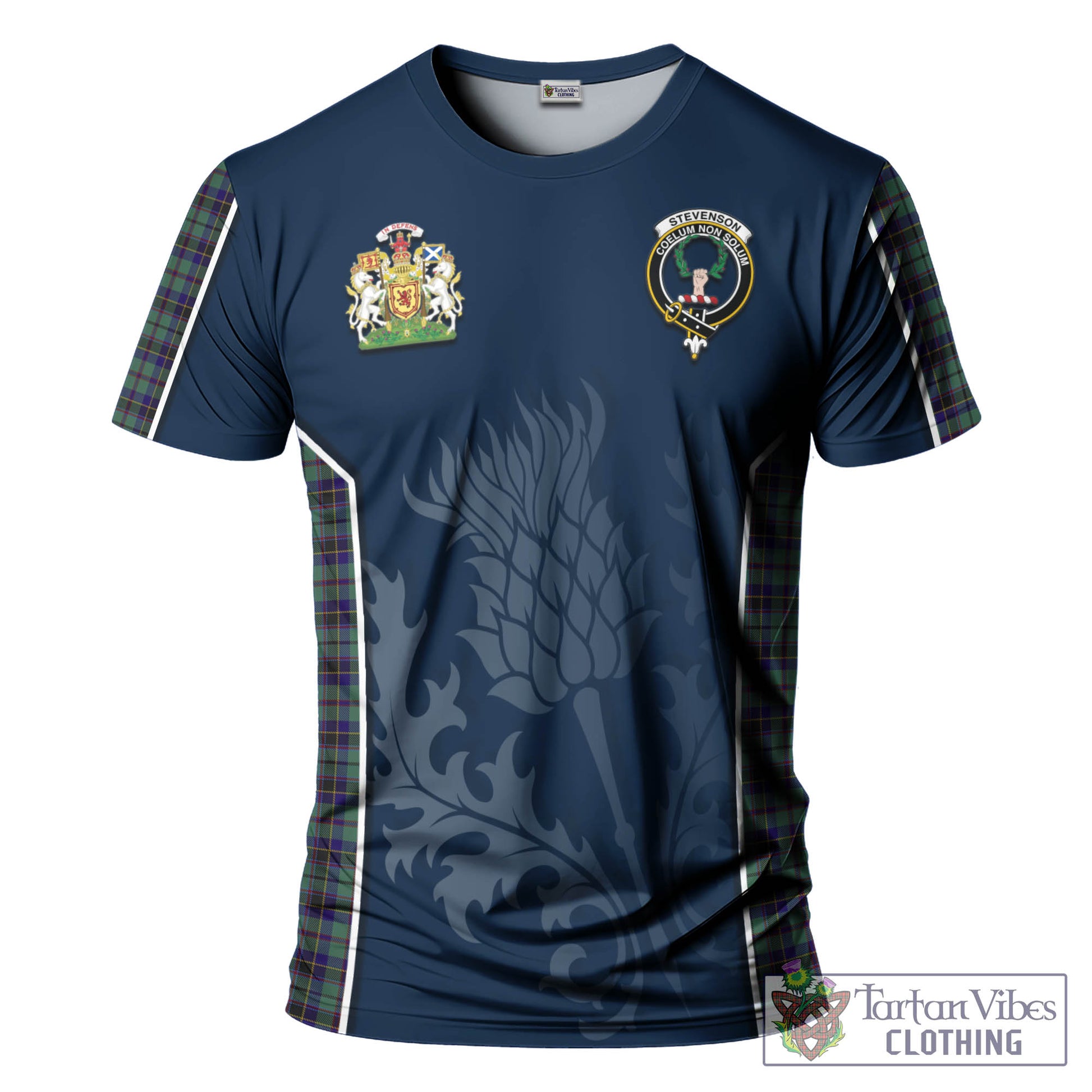 Tartan Vibes Clothing Stevenson Tartan T-Shirt with Family Crest and Scottish Thistle Vibes Sport Style