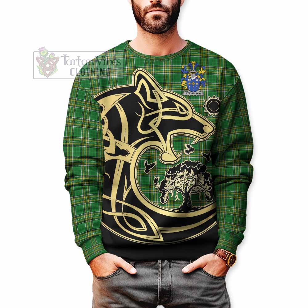 Tartan Vibes Clothing Stevenson Irish Tartan Sweatshirt with Coat of Arms Celtic Wolf Style