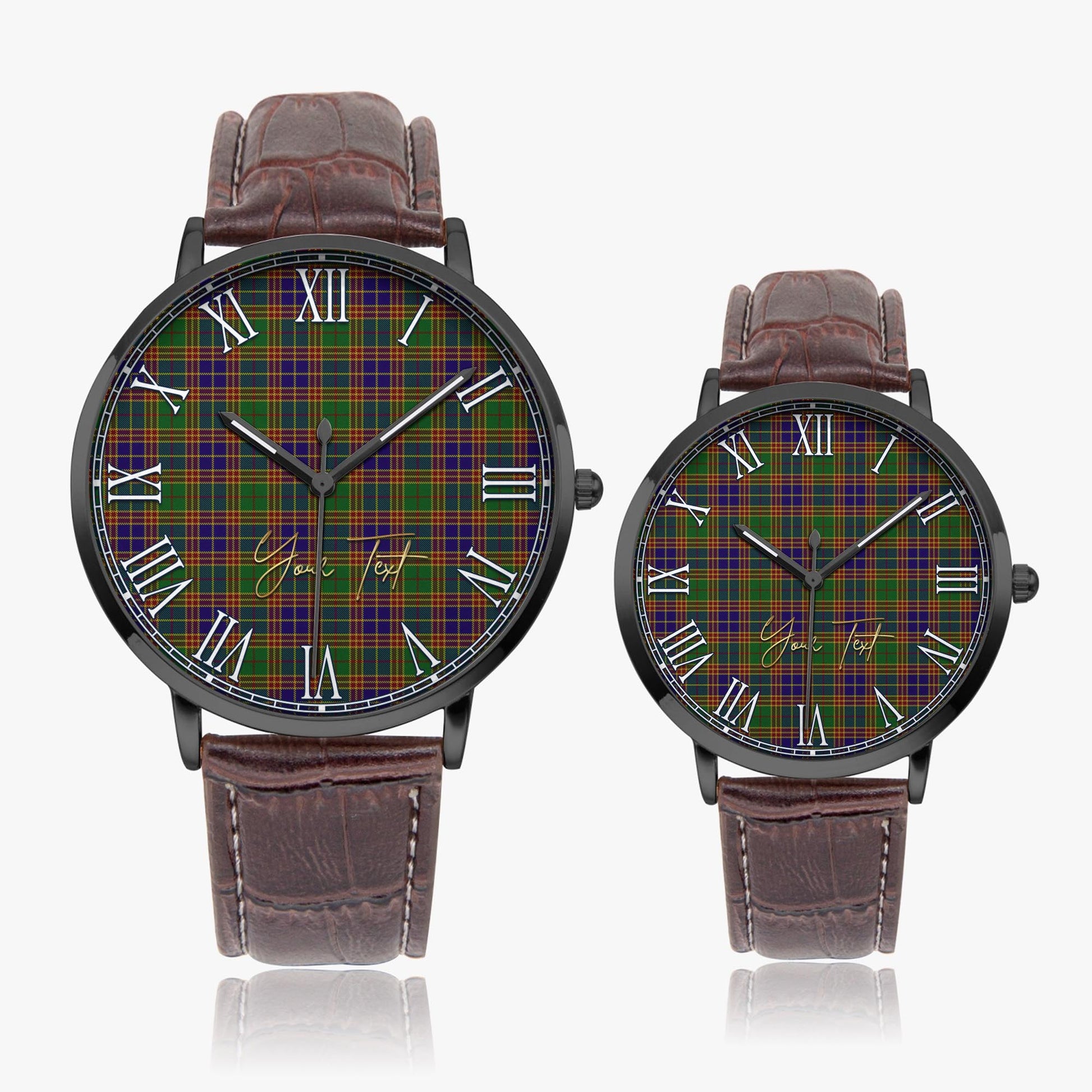 Stevenson Tartan Personalized Your Text Leather Trap Quartz Watch Ultra Thin Black Case With Brown Leather Strap - Tartanvibesclothing Shop