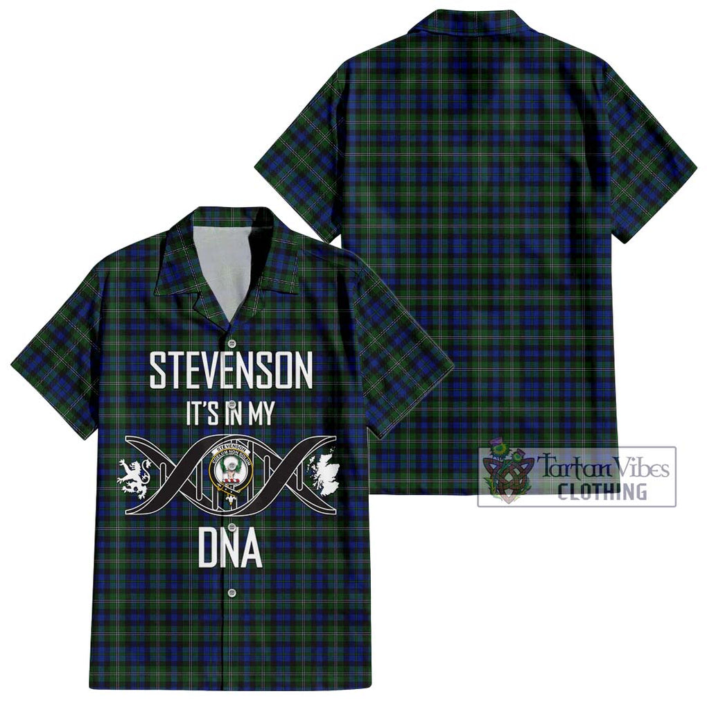 Stevenson Hunting Tartan Short Sleeve Button Shirt with Family Crest DNA In Me Style Kid - Tartanvibesclothing Shop