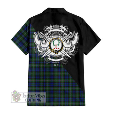 Stevenson Hunting Tartan Short Sleeve Button Shirt with Family Crest and Military Logo Style