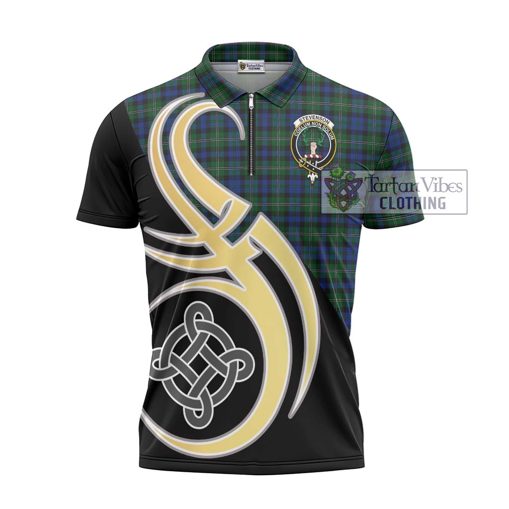 Tartan Vibes Clothing Stevenson Hunting Tartan Zipper Polo Shirt with Family Crest and Celtic Symbol Style