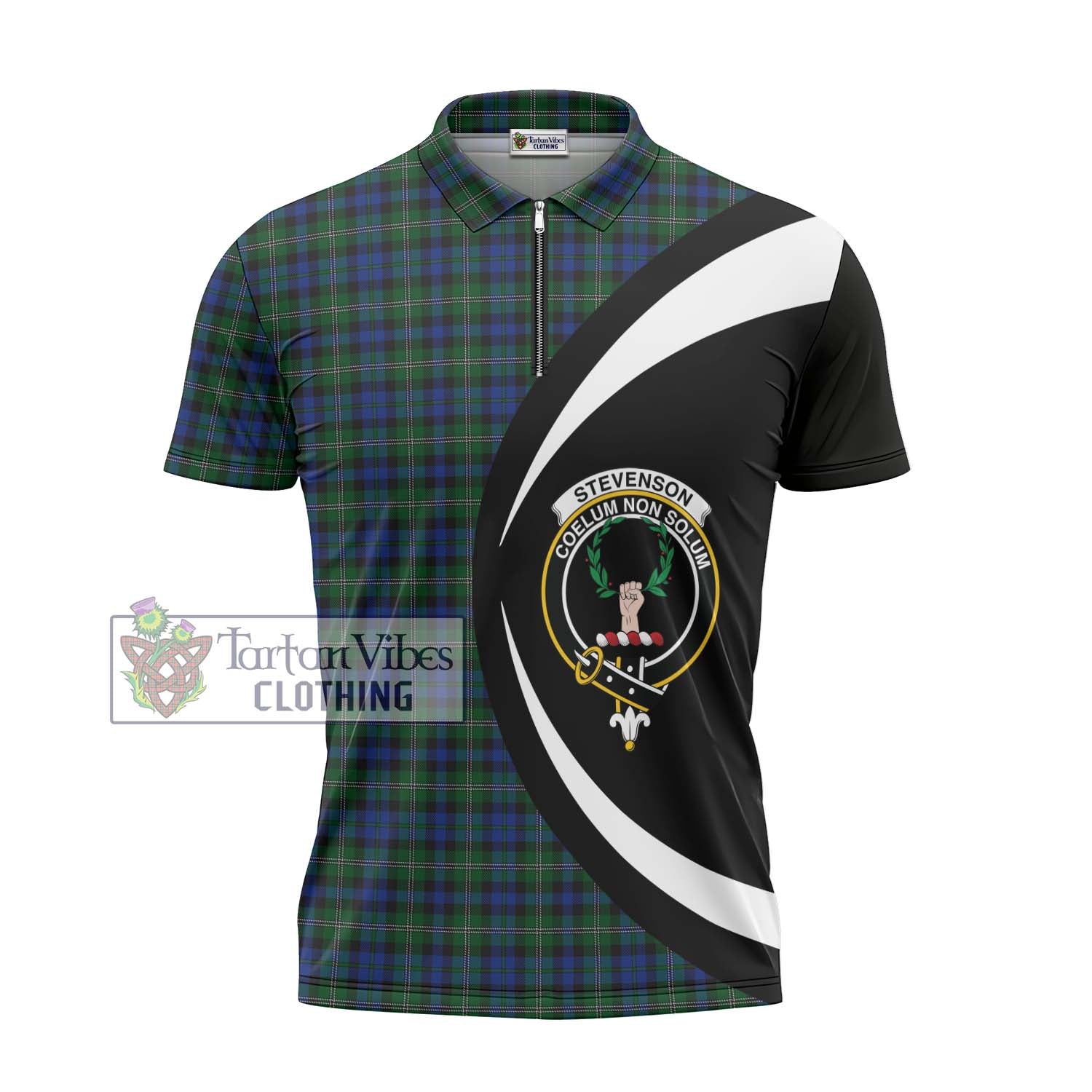 Stevenson Hunting Tartan Zipper Polo Shirt with Family Crest Circle Style - Tartan Vibes Clothing