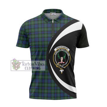 Stevenson Hunting Tartan Zipper Polo Shirt with Family Crest Circle Style