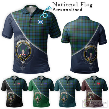 Stevenson Hunting Red Stripe Tartan Polo Shirt with Personalised National Flag and Family Crest Half Style