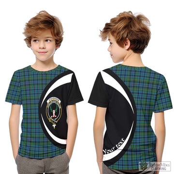 Stevenson Hunting Red Stripe Tartan Kid T-Shirt with Family Crest Circle Style