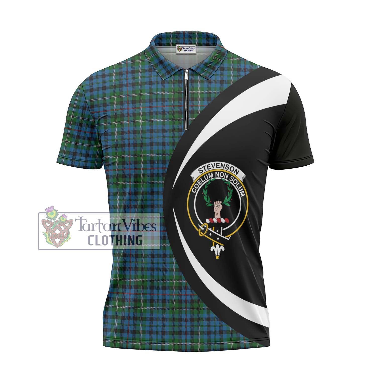 Stevenson Hunting Red Stripe Tartan Zipper Polo Shirt with Family Crest Circle Style - Tartan Vibes Clothing