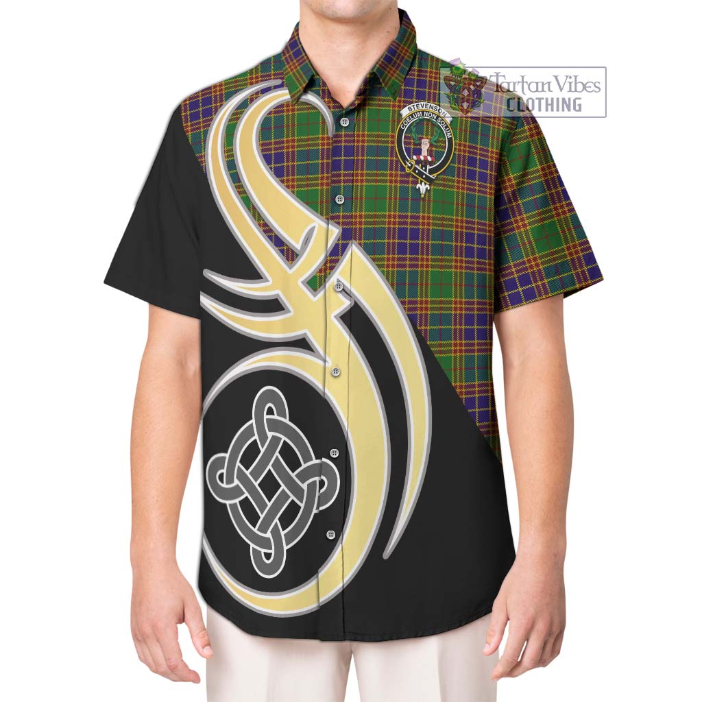 Stevenson Old Tartan Short Sleeve Button Shirt with Family Crest and Celtic Symbol Style Kid - Tartan Vibes Clothing