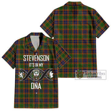 Stevenson Old Tartan Short Sleeve Button Shirt with Family Crest DNA In Me Style