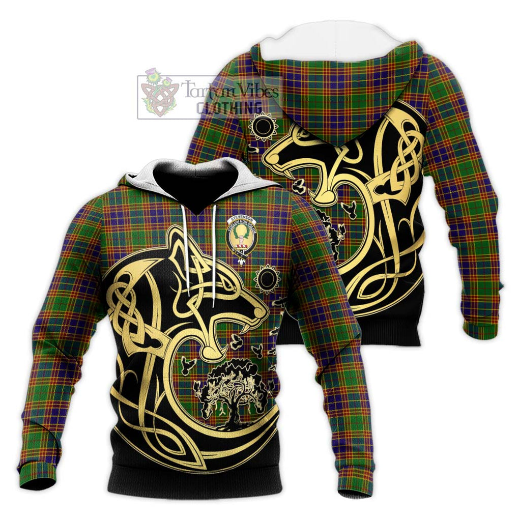 Stevenson Old Tartan Knitted Hoodie with Family Crest Celtic Wolf Style Unisex Knitted Pullover Hoodie - Tartan Vibes Clothing